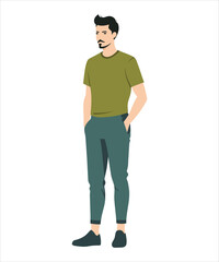 Vector illustration. A young man in a light green sports outfit with a t-shirt and pants. Modern and easy style for an active lifestyle.