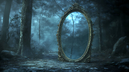 Gothic mirror reflecting dark forest in a mystical and eerie setting. concept gothic aesthetics, dark ambient, mystical photography, eerie atmosphere, reflective elements. Mystical. Illustration