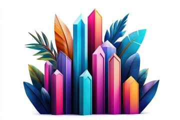 Colorful crystal cluster surrounded by tropical leaves on a white isolated background.