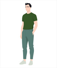 Vector illustration. A young man in a green t-shirt and light gray sports style pants. A simple but dynamic image for an active lifestyle.