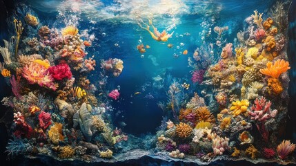 Fototapeta premium A vibrant coral reef teeming with life, a diver explores the underwater world.