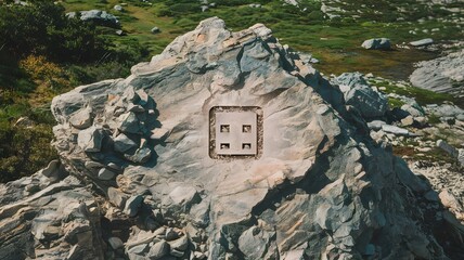 Rocky outcrop with faint USB port pattern surrounded by greenery