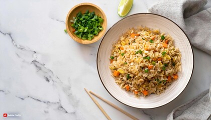Homemade fried rice, overhead view on a white marble ceramic background 