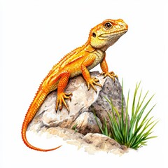 Naklejka premium Colorful lizard perched on a rock surrounded by grass, white isolate background.
