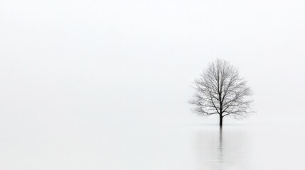   A solitary tree stands tall amidst a misty body of water on a foggy day