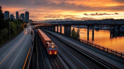 Obraz premium Sunset View of Expansive Bridge Over Waterway