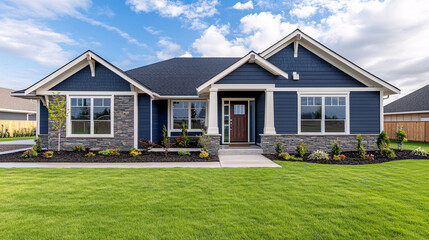 Obraz premium blue modern suburban home with green grass and landscaping