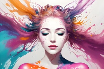Naklejka premium illustration of a beautiful young woman covered in vibrant bright paint splatters, drips, colorful, abstract, art, portrait, beauty, creativity, splashes, bold, artistic, makeup, expression, modern