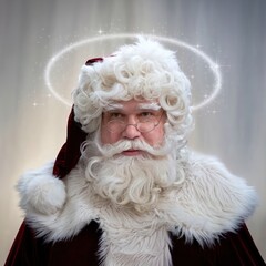 Obraz premium A serious portrait of Saint Nicholas (Santa Claus) with a majestic white beard, glasses, and a glowing halo symbolizing the Christmas legend.