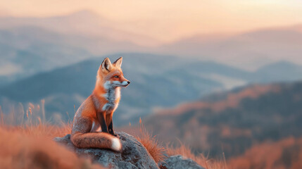 A red fox sits on a rock overlooking a mountain range at sunset.