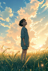Fototapeta premium A young boy with spiky hair stands in a field of tall grass, looking up at the sky at sunset.