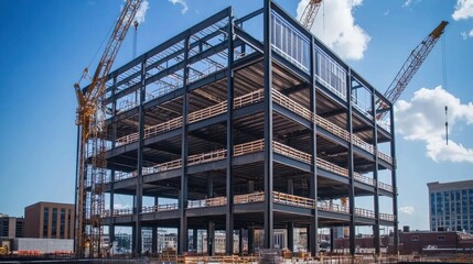 A large building under construction with a crane in the background