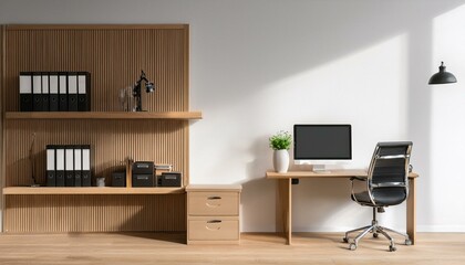 Modern office interior featuring wooden shelves with binders and a computer desk. There's an empty white wall on the right side, offering copy space. Concept of workspace design. 3D Rendering
