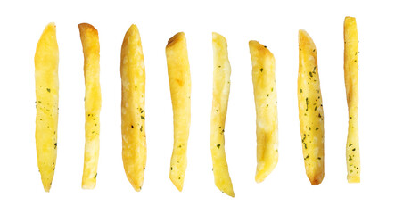 Collection of delicious French fries sticks with isolated background