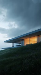 Fototapeta premium A minimalist house on the hillside, with large glass windows and flat roofs