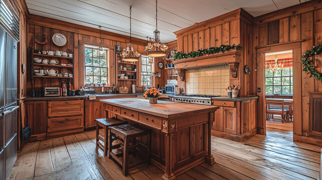 rustic wooden kitchen with island and floral decor