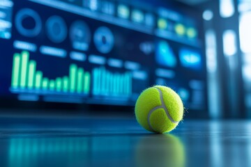 Tennis ball on the background of a display with analytics and statistics graphs