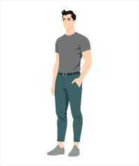 Vector illustration on a white background. A man in a gray T-shirt and dark trousers, a confident pose, hands in pockets.