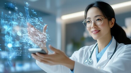 An Asian doctor wearing glasses and a stethoscope, interacting with a voice activated virtual assistant on a smartphone