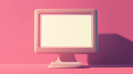 Retro computer with blank screen on pink background.