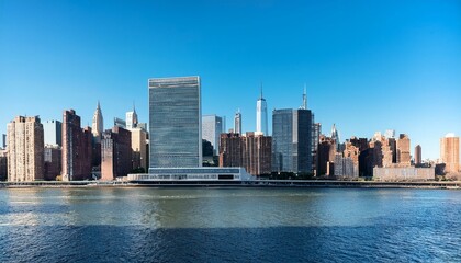 Obraz premium New York City skyline featuring the United Nations headquarters and surrounding skyscrapers on a clear day.