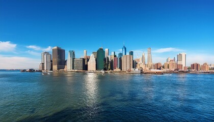 New York City skyline with skyscrapers and waterfront on a clear day.