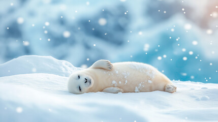 A baby seal naps on a bed of snow, covered in snowflakes.