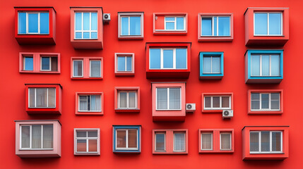 Obraz premium A red building with many windows of different sizes and colors.