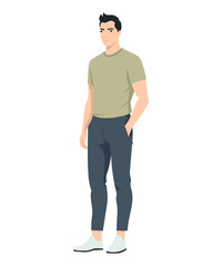 Vector illustration on a white background. A man in a light beige T-shirt and gray trousers, a relaxed pose emphasizing his confidence and style.