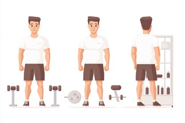 Fototapeta premium Illustration of a male character in a gym setting, showcasing fitness equipment and exercises.