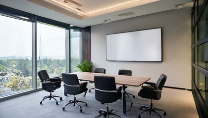 Fototapeta premium Office meeting interior with board and armchairs, panoramic window. Mockup wall