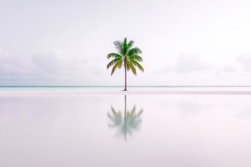 Lone palm tree reflecting on serene water, minimalistic and tranquil scene.