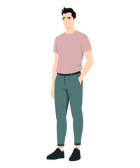 Vector illustration on a white background. A man in a pink T-shirt and green pants, radiating lightness and confidence.