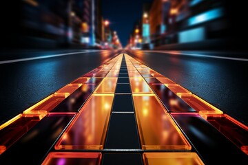 Futuristic Night City Road, Abstract Urban Background with Glowing Lines and Perspective View