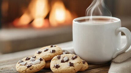 Steaming mug of hot chocolate and Christmas cookies on a rustic table by a crackling fireplace, cozy holiday atmosphere, close-up