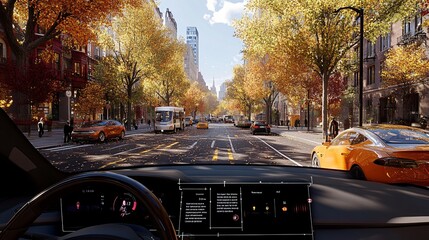 View From Inside A Car Driving Through A City Street Lined With Autumn Trees And Modern Buildings, With Other Vehicles And Pedestrians Visible.
