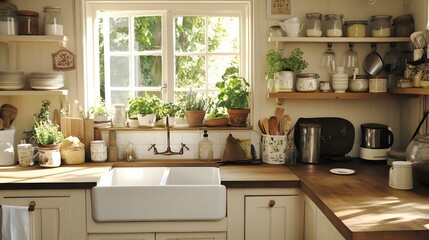 Fototapeta premium A country-style kitchen with a large farmhouse sink, wooden countertops, and open shelving. Decorated with mason jars, herbs, and vintage cookware for a charming rustic look