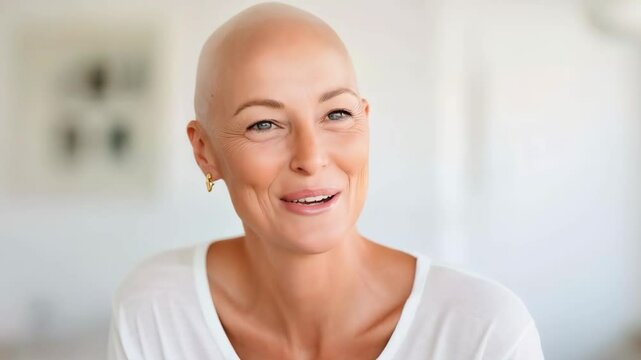 Beautiful bald Caucasian woman portrait while talking. Breast cancer survivor concept