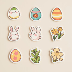 Cute Easter stickers with bunnies, eggs, and flowers.