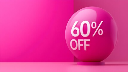 Hot Pink '60% OFF' Promotional Sign on a Hot Pink Background with Copy Space