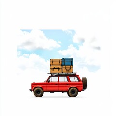 Red SUV with stacked luggage, blue and yellow suitcases, clear sky background.