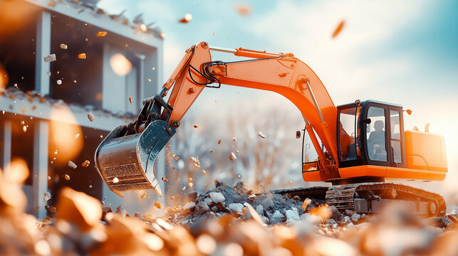 An orange excavator scoops up debris from a demolished building. - Powered by Adobe
