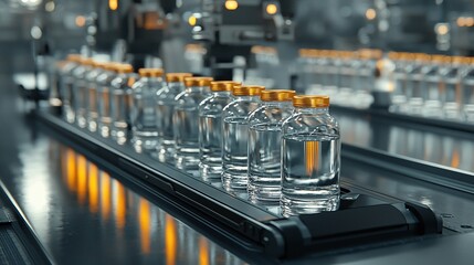 Plastic bottles moving along an assembly line in a production facility, displaying automation and efficiency in mass production.