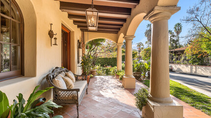 Obraz premium mediterranean style home patio with wrought iron furniture and lush greenery