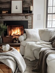 A cozy living room with thick wool blankets, pillows, and a fire roaring in the fireplace, creating a warm haven from the cold.