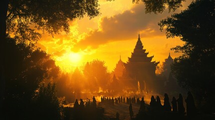 Silhouettes of people walking towards a temple at sunset.