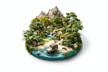 Small island scene with lush greenery, waterfall, and a vehicle near the water, white isolate background.