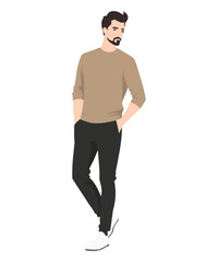 Vector illustration on a white background. A man in a beige T-shirt and black trousers, emphasizing comfort and minimalism.