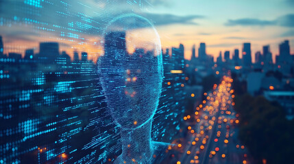 A digital human head formed of lines of code is superimposed on a city skyline at dusk.