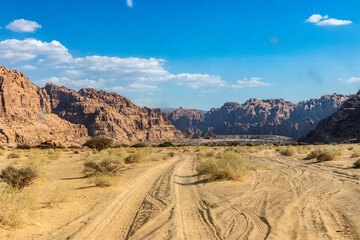 Sandy tracks through Wadi Disah, Saudi Arabia